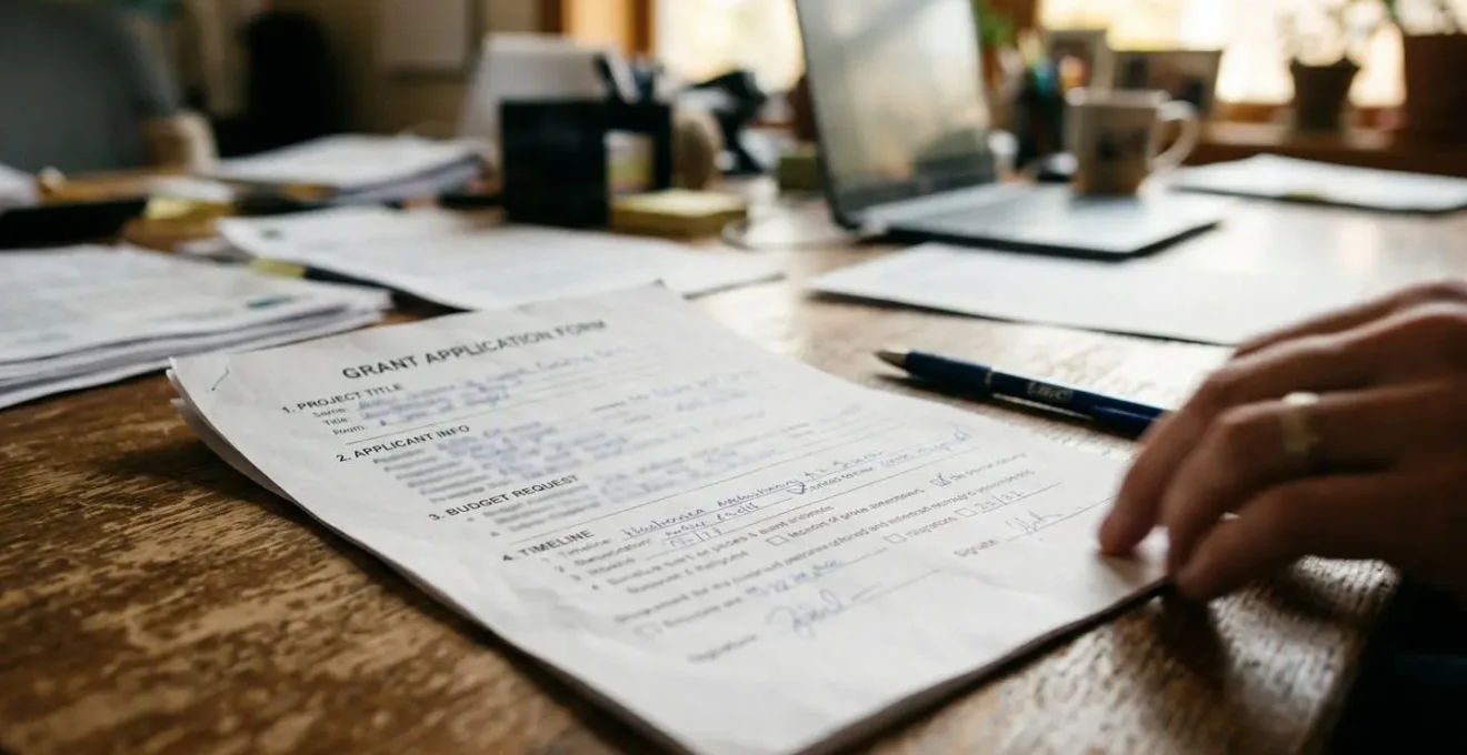 Document administratif type formulaire de financement posé sur un bureau avec un stylo à côté, une main floue le parcourt