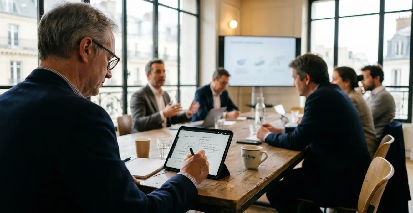 Un manager d'une quarantaine d'années prend des notes sur sa tablette dans une salle de réunion lumineuse, avec d'autres participants floutés en arrière-plan