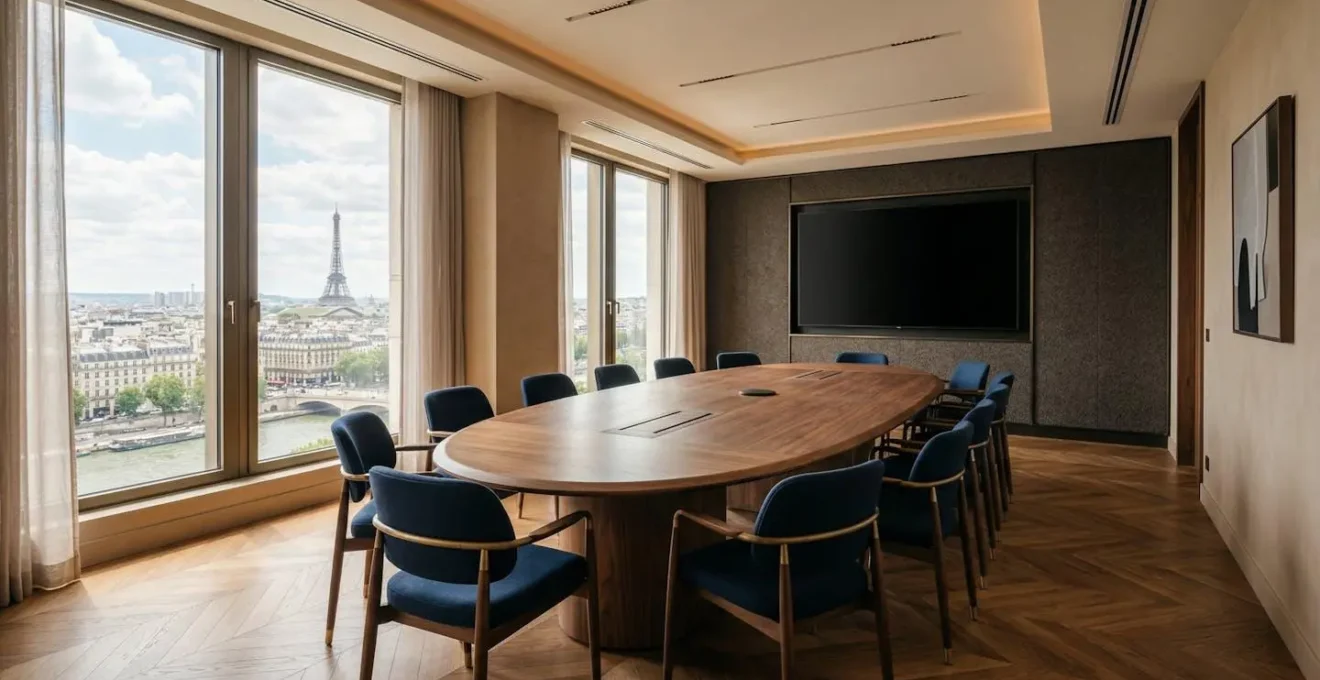 Salle de formation premium vide avec grande table ovale, chaises design et écran de présentation éteint, lumière naturelle et vue sur Paris par la fenêtre